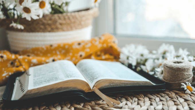 A beautiful basket of flowers with a Bible by the window