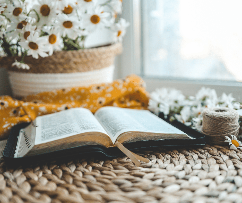 A beautiful basket of flowers with a Bible by the window