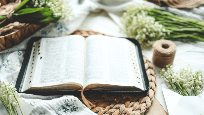 A Bible is open surrounded by flowers and cotton cloths.